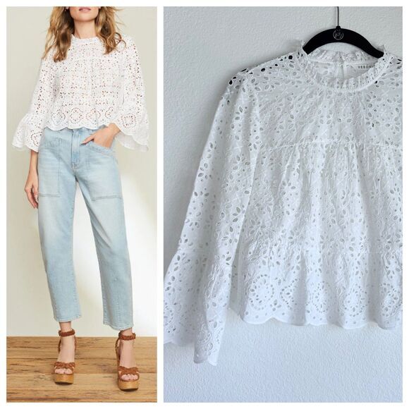NWT Veronica Beard Emmalyn 100% Cotton Eyelet Lace Bell Sleeve Top in White Sz 0 - Picture 1 of 16